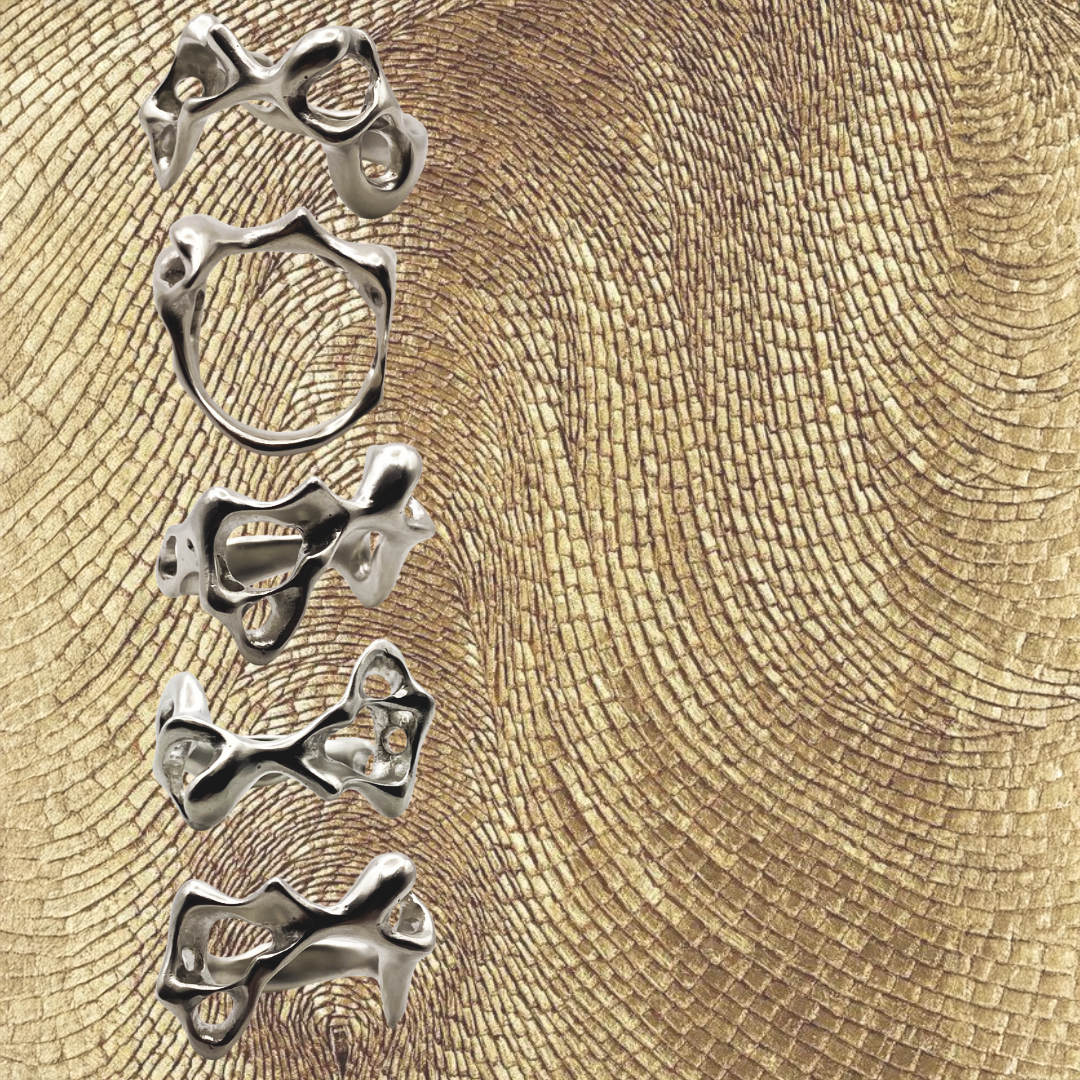 Set of silver rings on a textured gold background